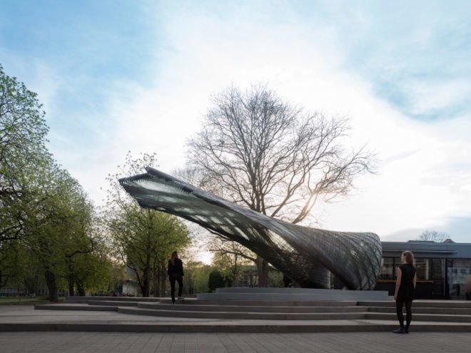 ICD ITKE Research Pavilion 2016 17 by University of Stuttgart, biomimetic architecture, robotically constructed architecture, digital fabrication architecture, drones building architecture, carbon fiber woven pavilion, carbon fiber pavilion, carbon fiber composite architecture