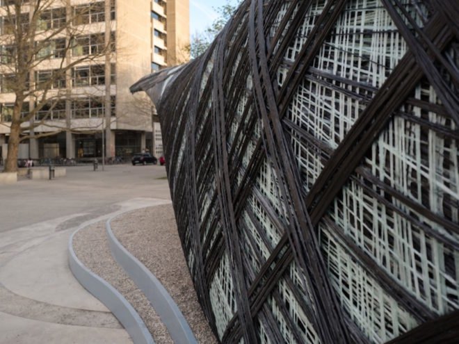 ICD ITKE Research Pavilion 2016 17 by University of Stuttgart, biomimetic architecture, robotically constructed architecture, digital fabrication architecture, drones building architecture, carbon fiber woven pavilion, carbon fiber pavilion, carbon fiber composite architecture