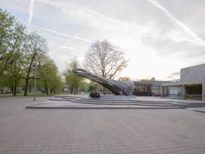 ICD ITKE Research Pavilion 2016 17 by University of Stuttgart, biomimetic architecture, robotically constructed architecture, digital fabrication architecture, drones building architecture, carbon fiber woven pavilion, carbon fiber pavilion, carbon fiber composite architecture
