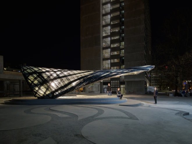 ICD ITKE Research Pavilion 2016 17 by University of Stuttgart, biomimetic architecture, robotically constructed architecture, digital fabrication architecture, drones building architecture, carbon fiber woven pavilion, carbon fiber pavilion, carbon fiber composite architecture