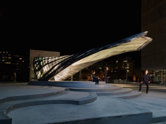 ICD ITKE Research Pavilion 2016 17 by University of Stuttgart, biomimetic architecture, robotically constructed architecture, digital fabrication architecture, drones building architecture, carbon fiber woven pavilion, carbon fiber pavilion, carbon fiber composite architecture