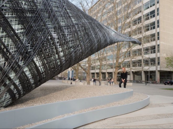ICD ITKE Research Pavilion 2016 17 by University of Stuttgart, biomimetic architecture, robotically constructed architecture, digital fabrication architecture, drones building architecture, carbon fiber woven pavilion, carbon fiber pavilion, carbon fiber composite architecture