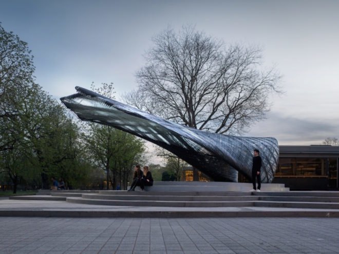 ICD ITKE Research Pavilion 2016 17 by University of Stuttgart, biomimetic architecture, robotically constructed architecture, digital fabrication architecture, drones building architecture, carbon fiber woven pavilion, carbon fiber pavilion, carbon fiber composite architecture