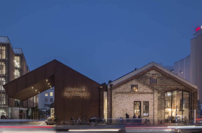 warehouse renovated into food hall, market hall adaptive reuse, Malmö Market Hall, Malmo Market Hall by Wingardh, Nina Totté Karyd and Martin Karyd, Corten steel clad market hall, corten steel in adaptive reuse,
