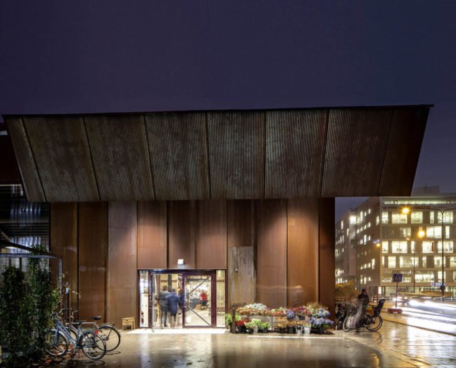 warehouse renovated into food hall, market hall adaptive reuse, Malmö Market Hall, Malmo Market Hall by Wingardh, Nina Totté Karyd and Martin Karyd, Corten steel clad market hall, corten steel in adaptive reuse,