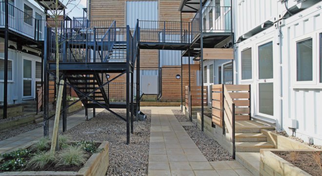 Marston Court, emergency housing, temporary housing, London, affordable housing, shipping containers, brownfield site, CargoTek, ISO Spaces, green architecture, temporary architecture, modular architecture