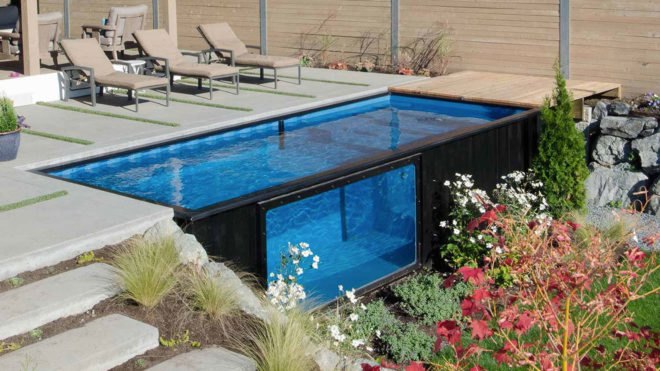 Modpools, shipping containers, swimming pool, prefab, LED lights, prefab structures, temporary structures