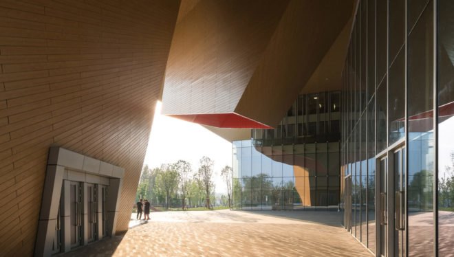 Nanjing Eco-Tech Island Exhibition Center, Nanjing Eco-Tech Park, NBBJ, oculus, tech incubator, light cannons, LEED certification, China, Nanjing, green campus, green exhibition space, courtyard, daylighting, solar shading, overhang