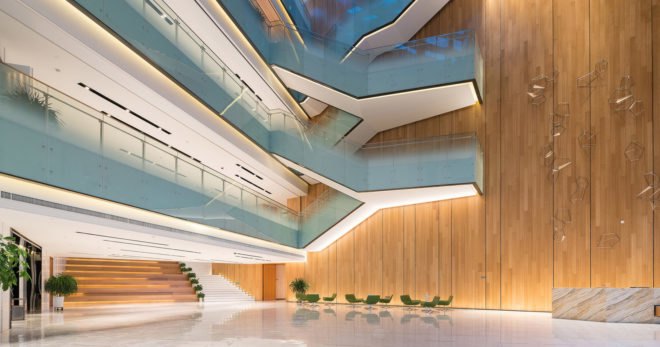 Nanjing Eco-Tech Island Exhibition Center, Nanjing Eco-Tech Park, NBBJ, oculus, tech incubator, light cannons, LEED certification, China, Nanjing, green campus, green exhibition space, courtyard, daylighting, solar shading, overhang