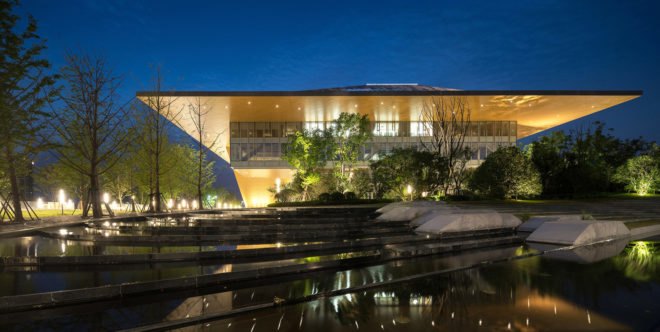 Nanjing Eco-Tech Island Exhibition Center, Nanjing Eco-Tech Park, NBBJ, oculus, tech incubator, light cannons, LEED certification, China, Nanjing, green campus, green exhibition space, courtyard, daylighting, solar shading, overhang