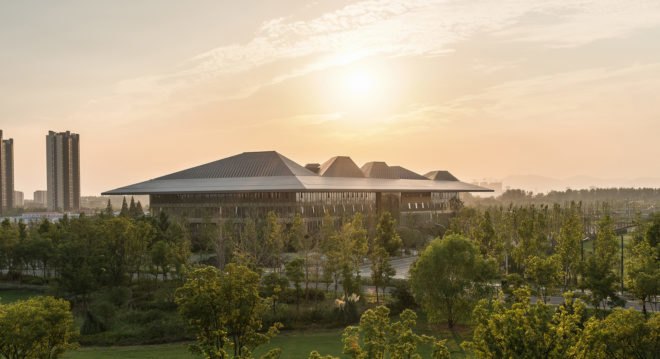 Nanjing Eco-Tech Island Exhibition Center, Nanjing Eco-Tech Park, NBBJ, oculus, tech incubator, light cannons, LEED certification, China, Nanjing, green campus, green exhibition space, courtyard, daylighting, solar shading, overhang