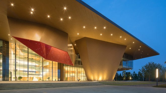Nanjing Eco-Tech Island Exhibition Center, Nanjing Eco-Tech Park, NBBJ, oculus, tech incubator, light cannons, LEED certification, China, Nanjing, green campus, green exhibition space, courtyard, daylighting, solar shading, overhang
