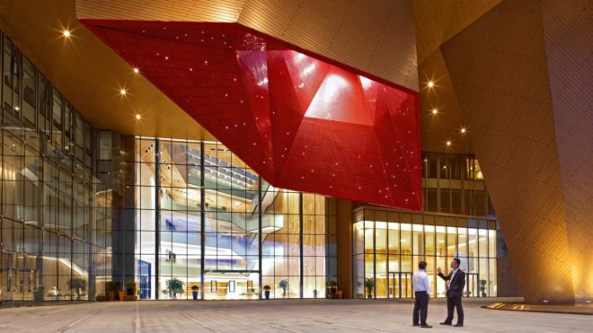Nanjing Eco-Tech Island Exhibition Center, Nanjing Eco-Tech Park, NBBJ, oculus, tech incubator, light cannons, LEED certification, China, Nanjing, green campus, green exhibition space, courtyard, daylighting, solar shading, overhang