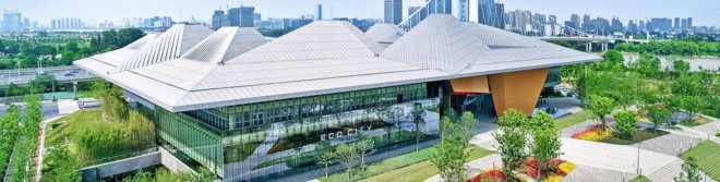 Nanjing Eco-Tech Island Exhibition Center, Nanjing Eco-Tech Park, NBBJ, oculus, tech incubator, light cannons, LEED certification, China, Nanjing, green campus, green exhibition space, courtyard, daylighting, solar shading, overhang