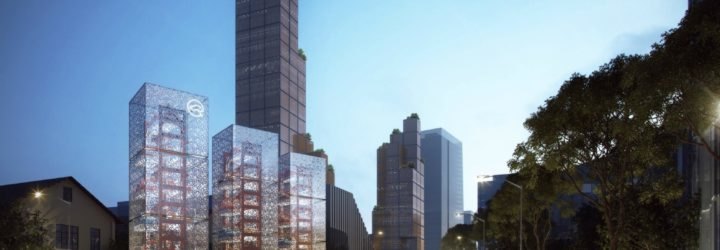 Ennead Lab car changing station, Ennead Architects, electric car charging tower, Shanghai charging tower, roadside architecture, stack-parking technologies, electric cars, urban design, urban charging stations, charging towers shanghai