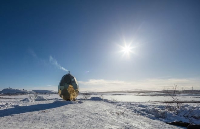 Studio Bigert & Bergström, swedish design, Kiruna sauna, mining towns sweden, Solar Egg, solar pods, solar-powered suanas, solar saunas, sweden saunas, urban design, titanium gold solar egg, LED lighting, solar panels, solar power, LED lights,