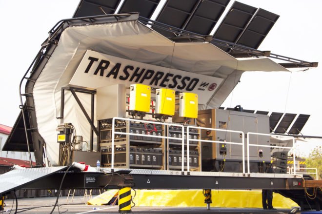 TRASHPRESSO, TRASHPRESSO by Miniwiz, Miniwiz, recycle, recycled, recycling, recycling plant, recycled materials, plastic, fabric, waste, garbage, trash, architectural tiles, architectural tile, tiles, tile, plant, mobile recycling plant, mobile, off-grid recycling plant, off-grid, solar, solar power, solar energy, solar panels, waste disposal