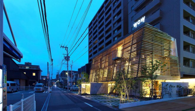 Wow! Sta., Takeru Shoji Architects, multipurpose architecture, mixed-use, wooden louvers, commercial architecture, Japan, indoor garden, suburbs, green architecture