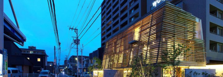 Wow! Sta., Takeru Shoji Architects, multipurpose architecture, mixed-use, wooden louvers, commercial architecture, Japan, indoor garden, suburbs, green architecture