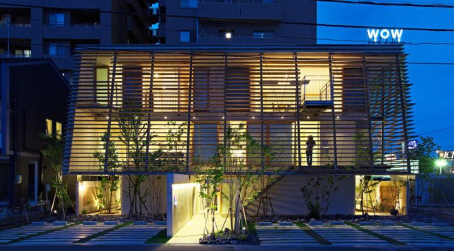 Wow! Sta., Takeru Shoji Architects, multipurpose architecture, mixed-use, wooden louvers, commercial architecture, Japan, indoor garden, suburbs, green architecture