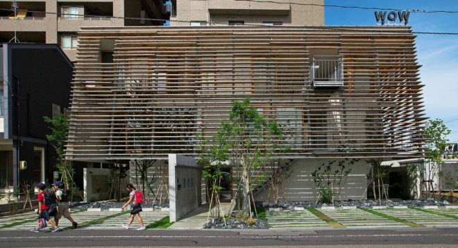 Wow! Sta., Takeru Shoji Architects, multipurpose architecture, mixed-use, wooden louvers, commercial architecture, Japan, indoor garden, suburbs, green architecture