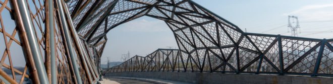 Wuxi Harbor Bridge by Mimesis Architecture Studio, bamboo bridge, bamboo bridge in Dingshu Town, carbonized bamboo, carbonized bamboo bridge, bamboo formwork