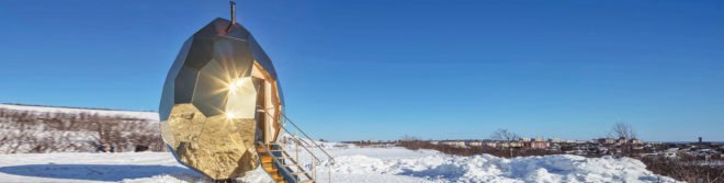Studio Bigert & Bergström, swedish design, Kiruna sauna, mining towns sweden, Solar Egg, solar pods, solar-powered suanas, solar saunas, sweden saunas, urban design, titanium gold solar egg, LED lighting, solar panels, solar power, LED lights,