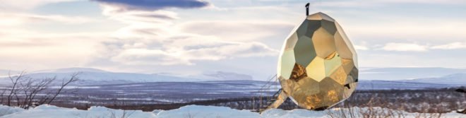 Studio Bigert & Bergström, swedish design, Kiruna sauna, mining towns sweden, Solar Egg, solar pods, solar-powered suanas, solar saunas, sweden saunas, urban design, titanium gold solar egg, LED lighting, solar panels, solar power, LED lights,