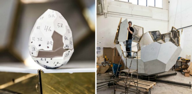 Studio Bigert & Bergström, swedish design, Kiruna sauna, mining towns sweden, Solar Egg, solar pods, solar-powered suanas, solar saunas, sweden saunas, urban design, titanium gold solar egg, LED lighting, solar panels, solar power, LED lights,
