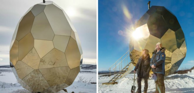 Studio Bigert & Bergström, swedish design, Kiruna sauna, mining towns sweden, Solar Egg, solar pods, solar-powered suanas, solar saunas, sweden saunas, urban design, titanium gold solar egg, LED lighting, solar panels, solar power, LED lights,