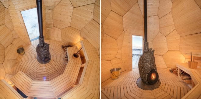 Studio Bigert & Bergström, swedish design, Kiruna sauna, mining towns sweden, Solar Egg, solar pods, solar-powered suanas, solar saunas, sweden saunas, urban design, titanium gold solar egg, LED lighting, solar panels, solar power, LED lights,