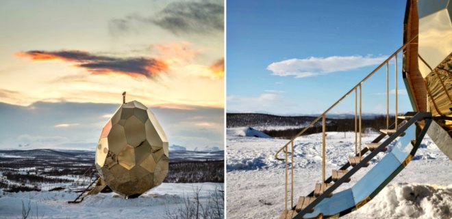 Studio Bigert & Bergström, swedish design, Kiruna sauna, mining towns sweden, Solar Egg, solar pods, solar-powered suanas, solar saunas, sweden saunas, urban design, titanium gold solar egg, LED lighting, solar panels, solar power, LED lights,
