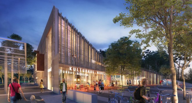 Bergsjön kulturhus, Sweco Architects, green roof, cultural center, Sweden, Gothenburg, green architecture, glass facade, atrium, public spaces, public square