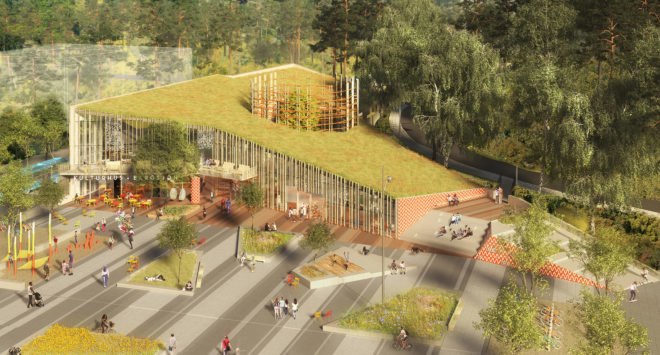 Bergsjön kulturhus, Sweco Architects, green roof, cultural center, Sweden, Gothenburg, green architecture, glass facade, atrium, public spaces, public square