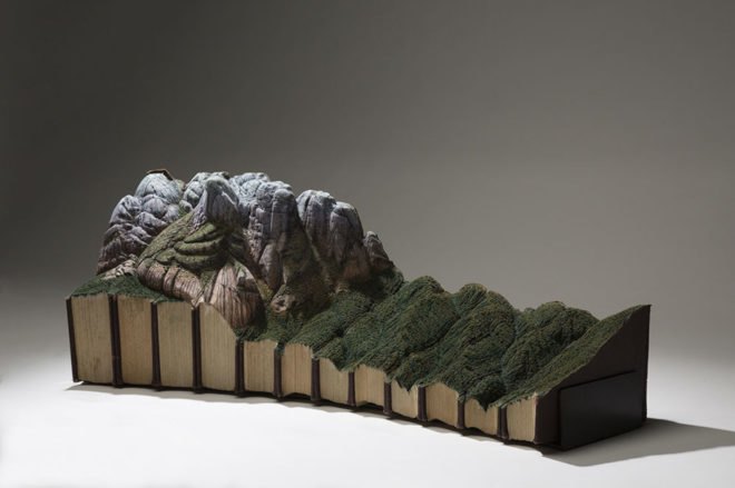 Book landscapes by Guy Laramee, repurposed book art, recycled book art, book sculptures, landscapes in books, book world art, Guy Laramée art, Guy Laramée,