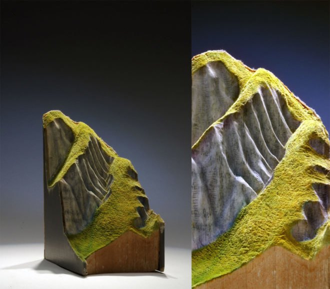 Book landscapes by Guy Laramee, repurposed book art, recycled book art, book sculptures, landscapes in books, book world art, Guy Laramée art, Guy Laramée,