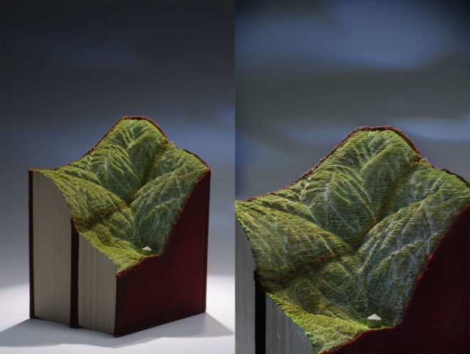 Book landscapes by Guy Laramee, repurposed book art, recycled book art, book sculptures, landscapes in books, book world art, Guy Laramée art, Guy Laramée,
