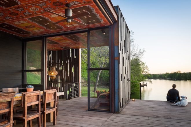 Bunny Run Boat Dock by Andersson-Wise Architects, Austin boat dock, Lake Austin boathouse, contemporary Austin boathouse, reclaimed materials in boathouse,