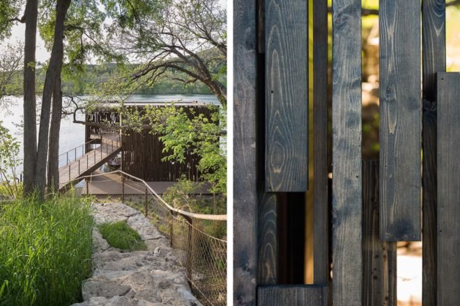 Bunny Run Boat Dock by Andersson-Wise Architects, Austin boat dock, Lake Austin boathouse, contemporary Austin boathouse, reclaimed materials in boathouse,