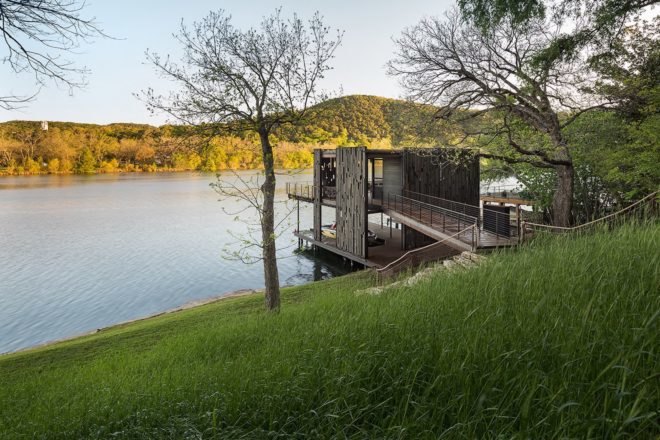 Bunny Run Boat Dock by Andersson-Wise Architects, Austin boat dock, Lake Austin boathouse, contemporary Austin boathouse, reclaimed materials in boathouse,