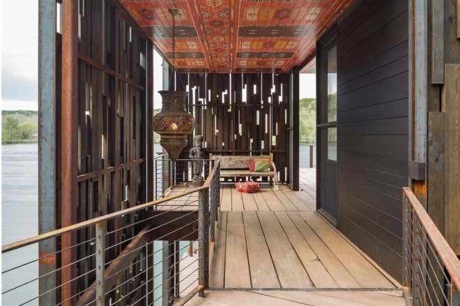 Bunny Run Boat Dock by Andersson-Wise Architects, Austin boat dock, Lake Austin boathouse, contemporary Austin boathouse, reclaimed materials in boathouse,