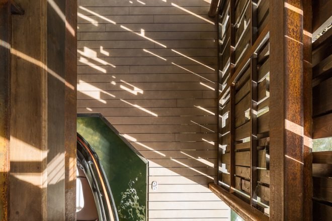 Bunny Run Boat Dock by Andersson-Wise Architects, Austin boat dock, Lake Austin boathouse, contemporary Austin boathouse, reclaimed materials in boathouse,