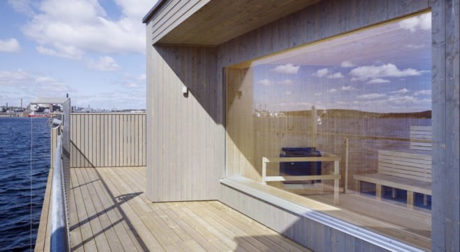 Kallbadhus, bath house, timber cladding, Sweden, Kallbadhusets Vänner, White Arkitekter, green architecture, sauna, glulam beams, bridge