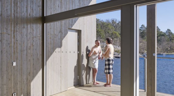 Kallbadhus, bath house, timber cladding, Sweden, Kallbadhusets Vänner, White Arkitekter, green architecture, sauna, glulam beams, bridge