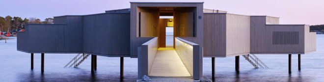 Kallbadhus, bath house, timber cladding, Sweden, Kallbadhusets Vänner, White Arkitekter, green architecture, sauna, glulam beams, bridge