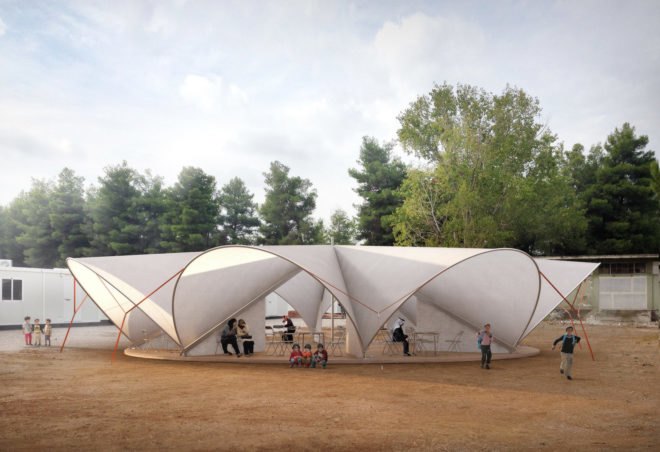 Maidan Tent, Maidan Tent design, Maidan Tent for refugees, refugee public space architecture, refugee multifunctional design, Ritsona refugee camp
