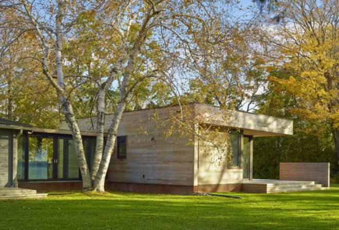 Pointe Cabin by Superkül architects, Pointe Cabin on Lake Simcoe, retreat within a retreat architecture, prefabricated cabin, factory built cabin, pre built cabin, prefabricated architecture, timber cabin in Ontario