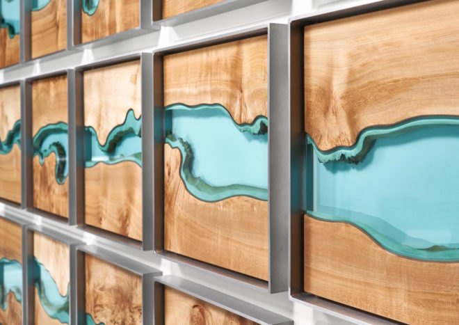 River Collection by Greg Klassen, Furniture by Greg Klassen, Greg Klassen contemporary design, river table, river glass table, lake glass table, reclaimed wood furniture