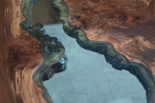 River Collection by Greg Klassen, Furniture by Greg Klassen, Greg Klassen contemporary design, river table, river glass table, lake glass table, reclaimed wood furniture