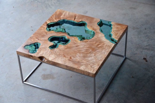 River Collection by Greg Klassen, Furniture by Greg Klassen, Greg Klassen contemporary design, river table, river glass table, lake glass table, reclaimed wood furniture